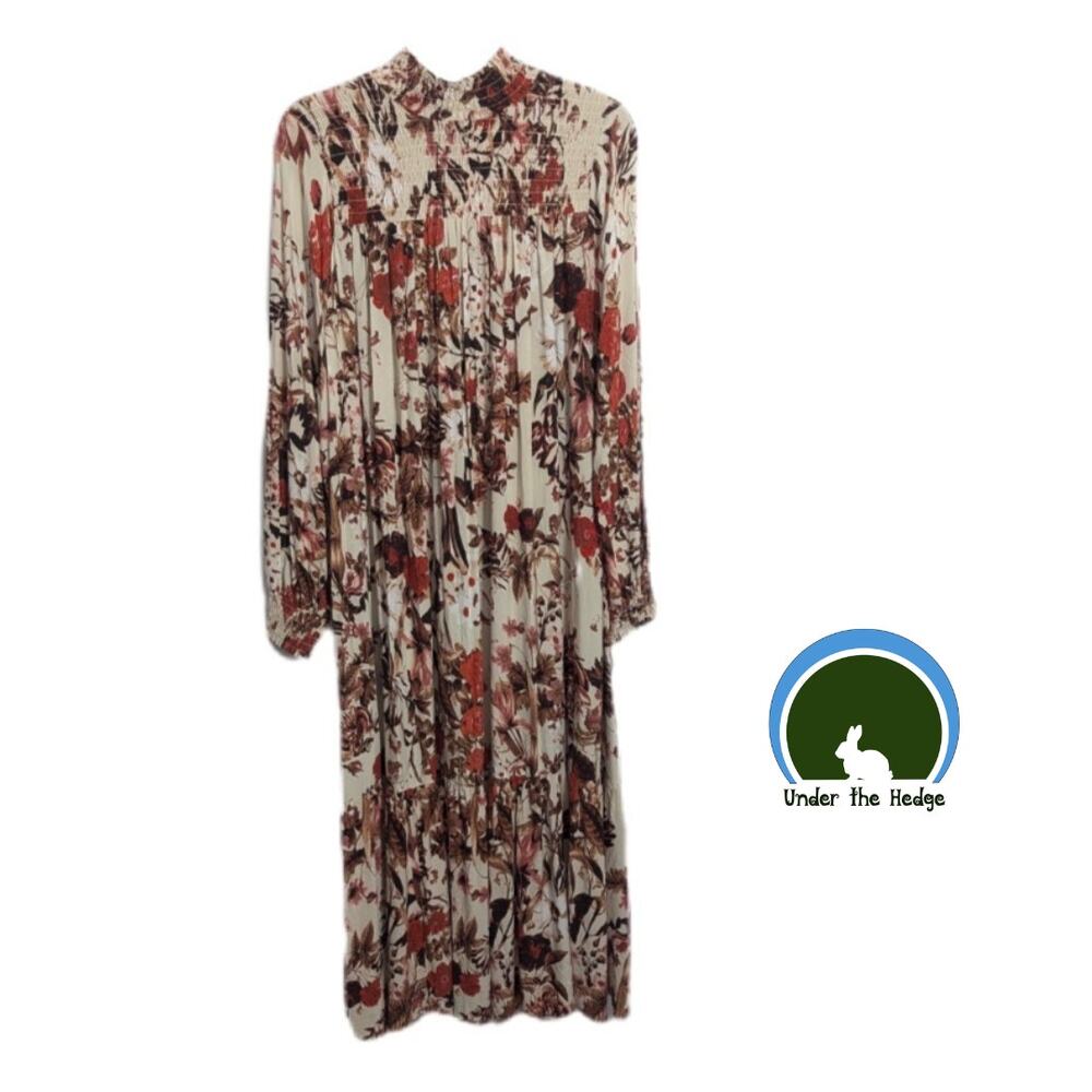 H&M Ivory Floral Smocked Ruffle Maxi Dress Size 8 Cottage Feminine Boho Chic